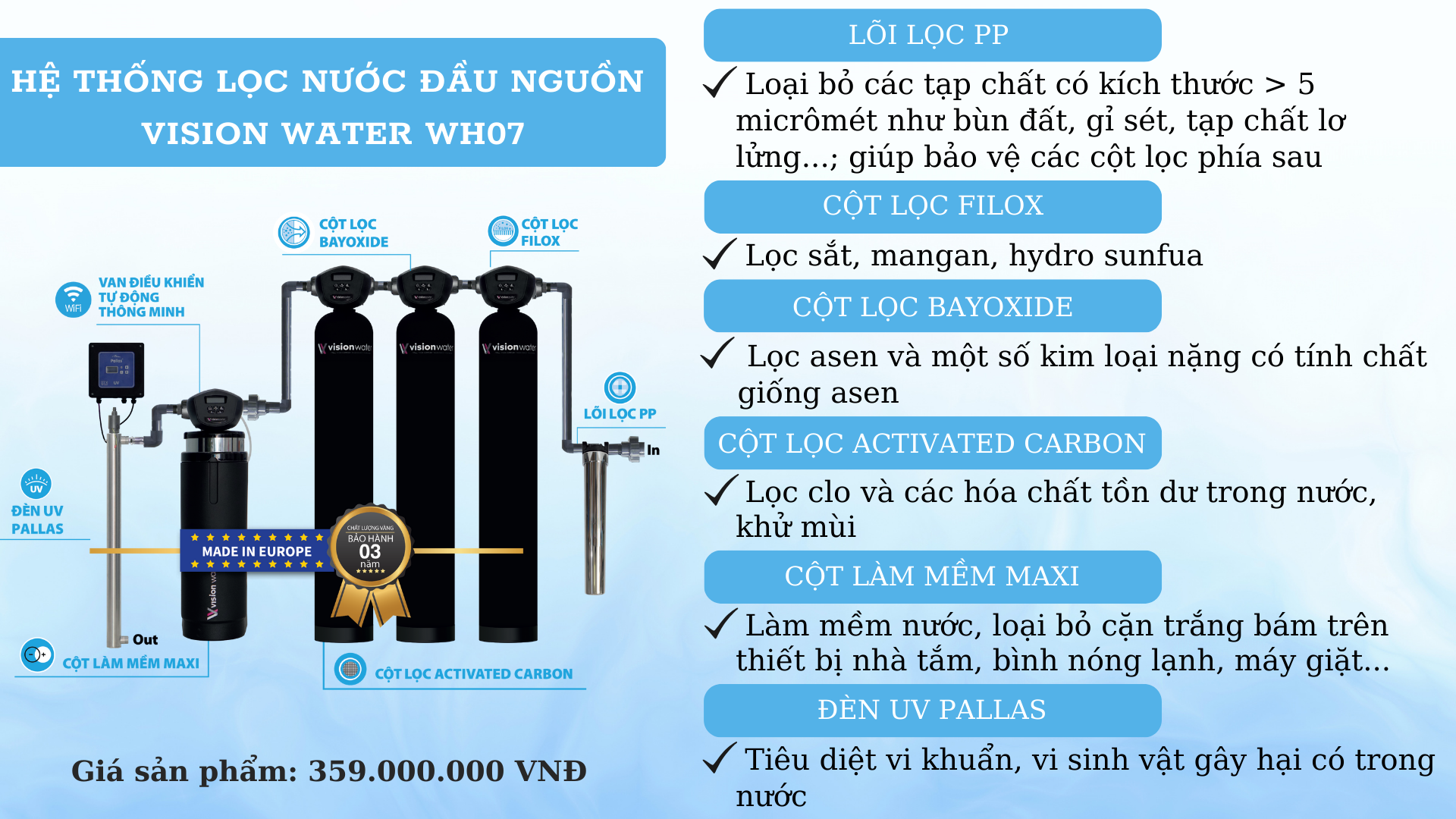 Các cột lọc của hệ thống lọc tổng Vision Water WH07 giúp loại bỏ các thành phần có hại, tạo ra nguồn nước chuẩn sạch, an toàn 