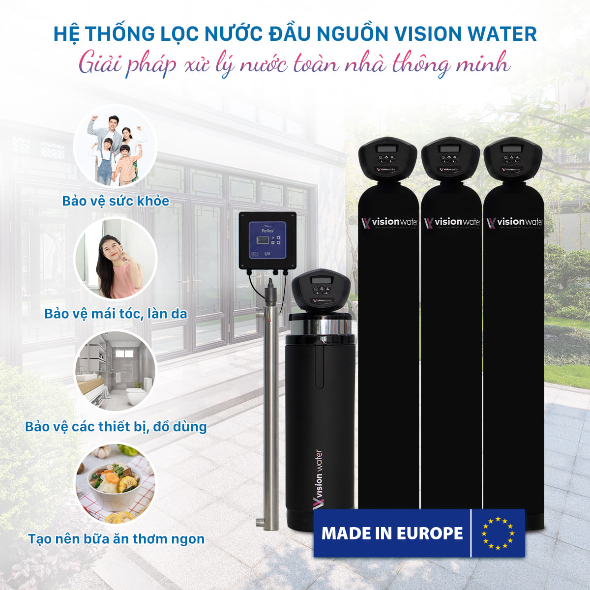 Hệ thống lọc nước đầu nguồn Vision Water được khách hàng tin dùng không chỉ nhờ khả năng lọc cao mà còn sở hữu nhiều ưu điểm đạt chuẩn châu Âu